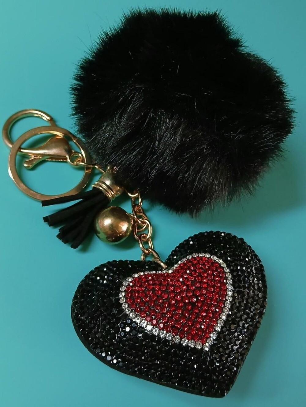 Faux Fur Pom Heart Keychain With Rhinestones - Black & Red